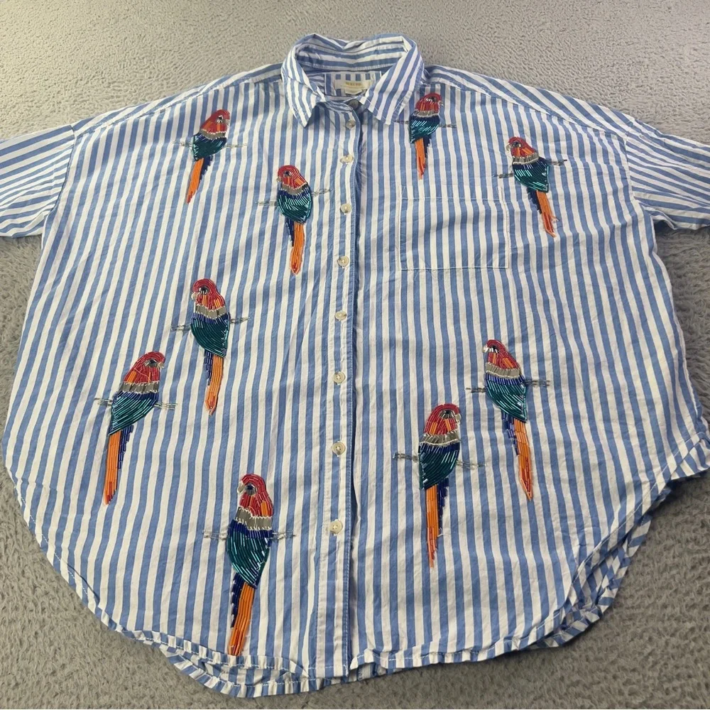 Maeve Parrot Button Down Shirt Womens XS / S Blue White Striped Sequin Oversized - Picture 5 of 9